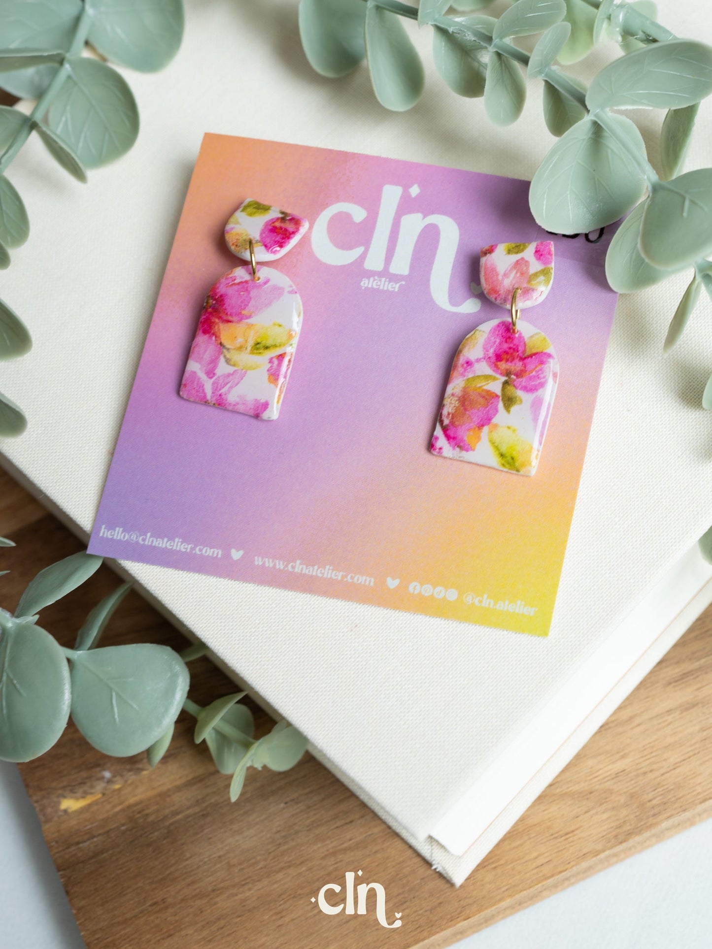 Pink watercolor floral dangles - C - Earrings - CLN Atelier
