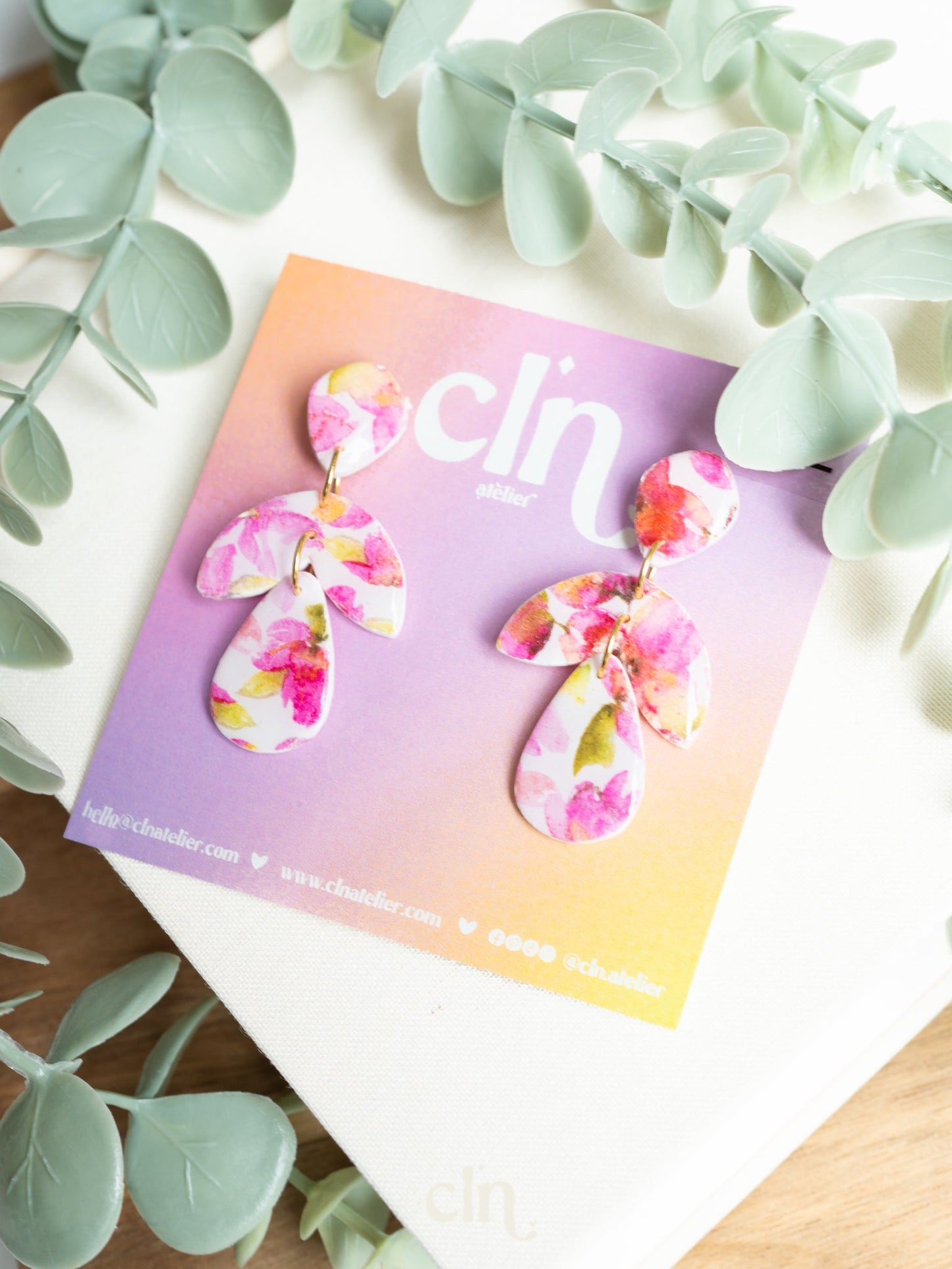Pink watercolor floral dangles - G - Earrings - CLN Atelier