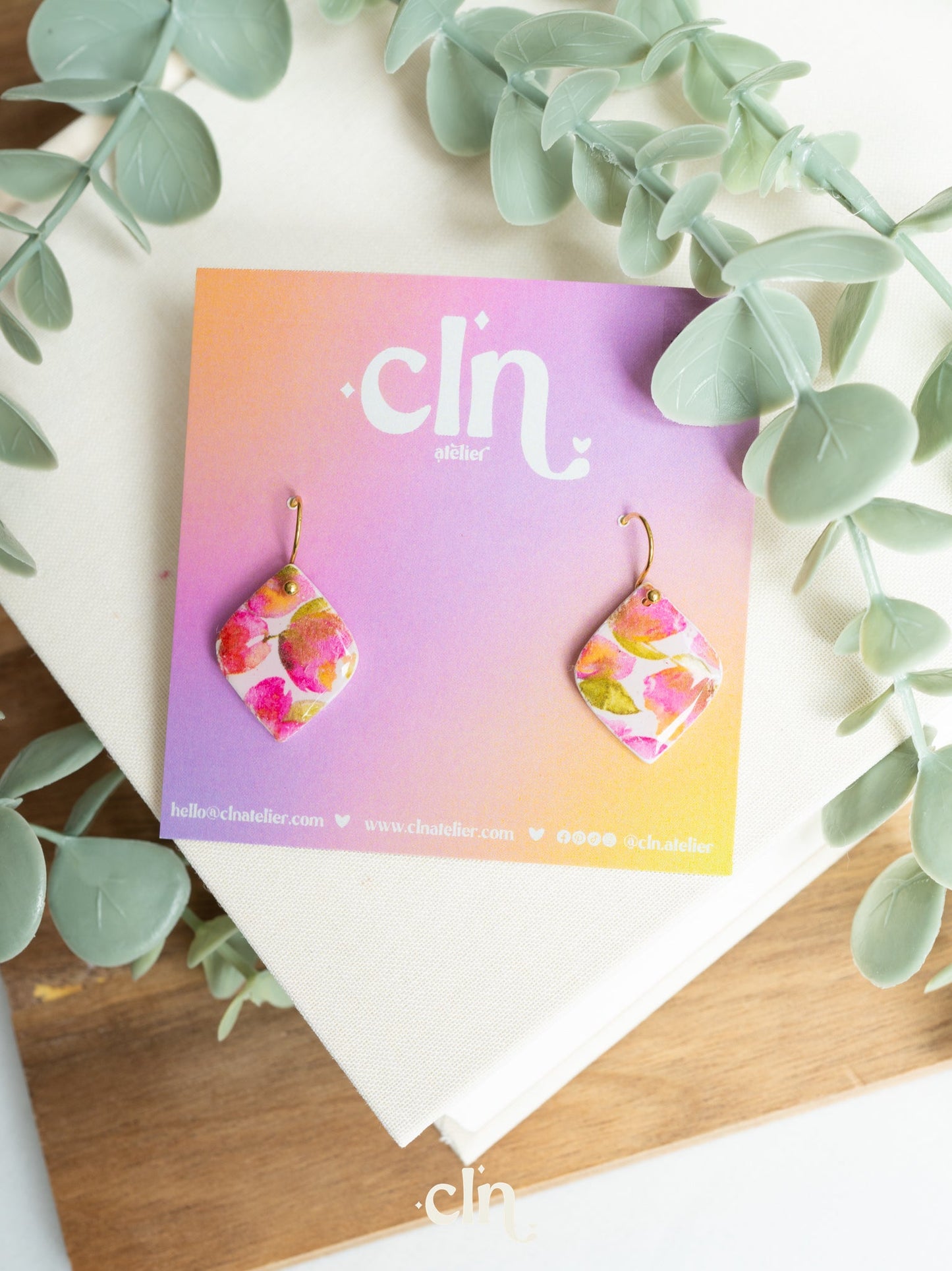 Pink watercolor floral dangles - H - Earrings - CLN Atelier