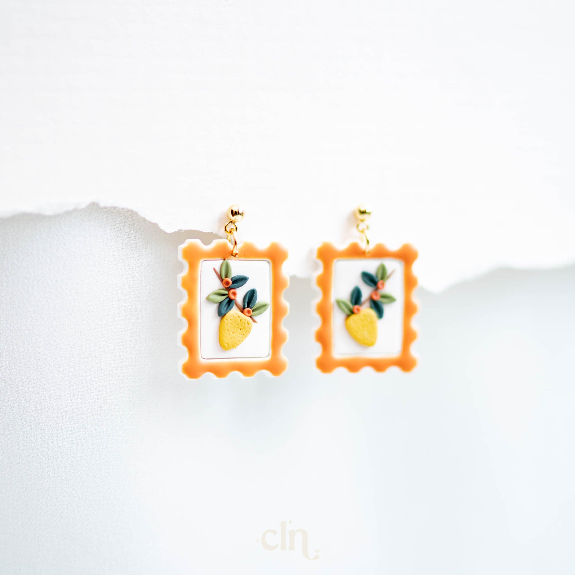 a pair of earrings with a picture of a pineapple