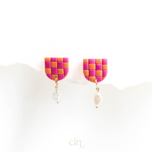 Checkered small dangles with freshwater pearl - Earrings - CLN Atelier