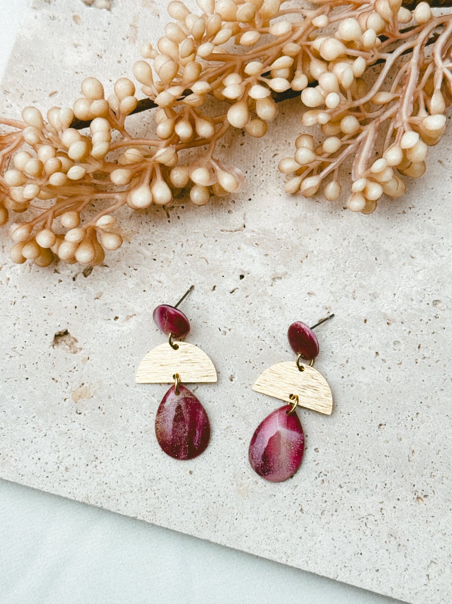 Faux stone burgundy - C - Earrings - CLN Atelier