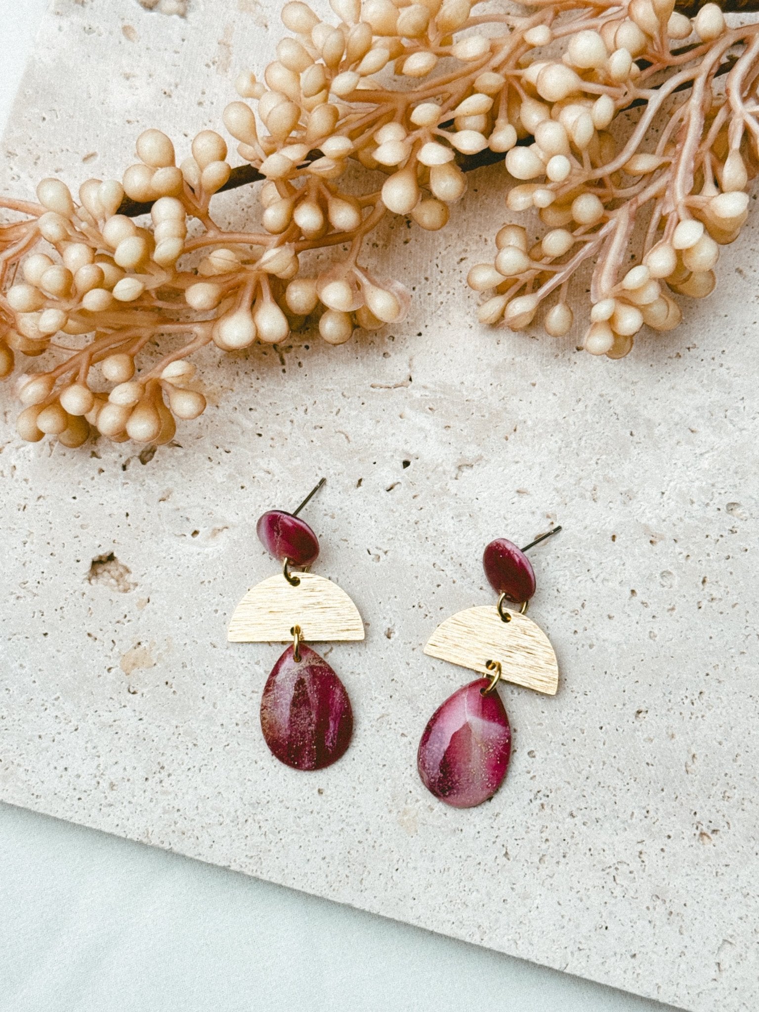 Faux stone burgundy - C - Earrings - CLN Atelier
