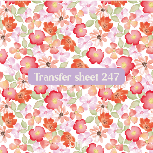 Transfer sheet 247 - Watercolor flowers, pink, orange, green - Transfer paper - CLN Atelier