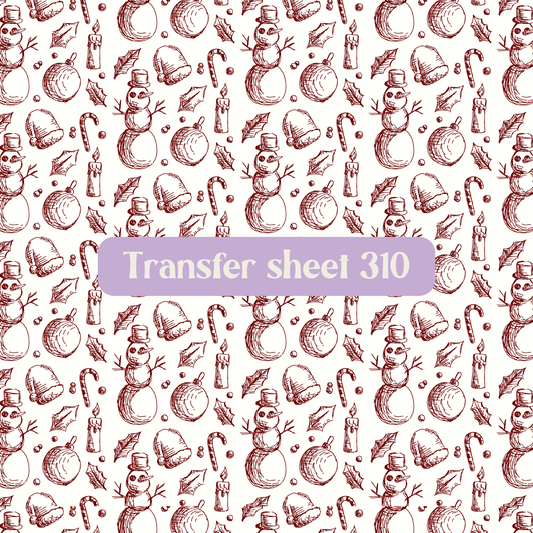 Transfer sheet 310 - Christmas, ornaments, sketch, red and white, winter - Transfer paper - CLN Atelier