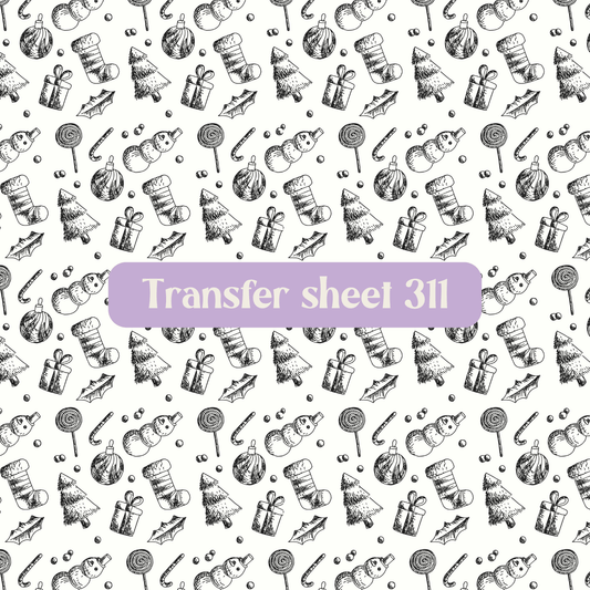 Transfer sheet 311 - Christmas, ornaments, sketch, black and white, winter - Transfer paper - CLN Atelier