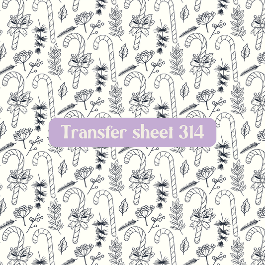 Transfer sheet 314 - Christmas, candy cane, winter, black and white, sketch - Transfer paper - CLN Atelier